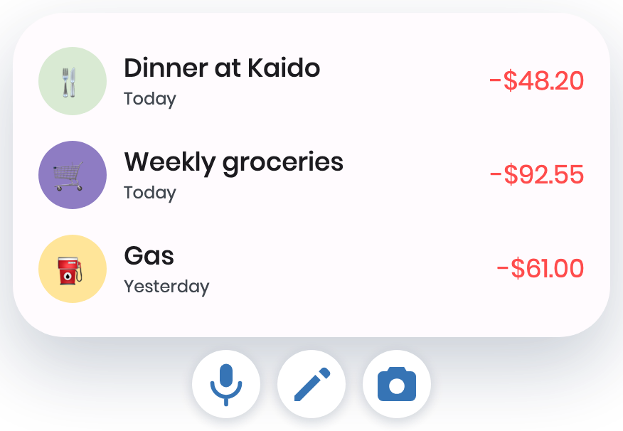 A widget listing the last three transactions, above quick-add buttons for voice, typing and camera