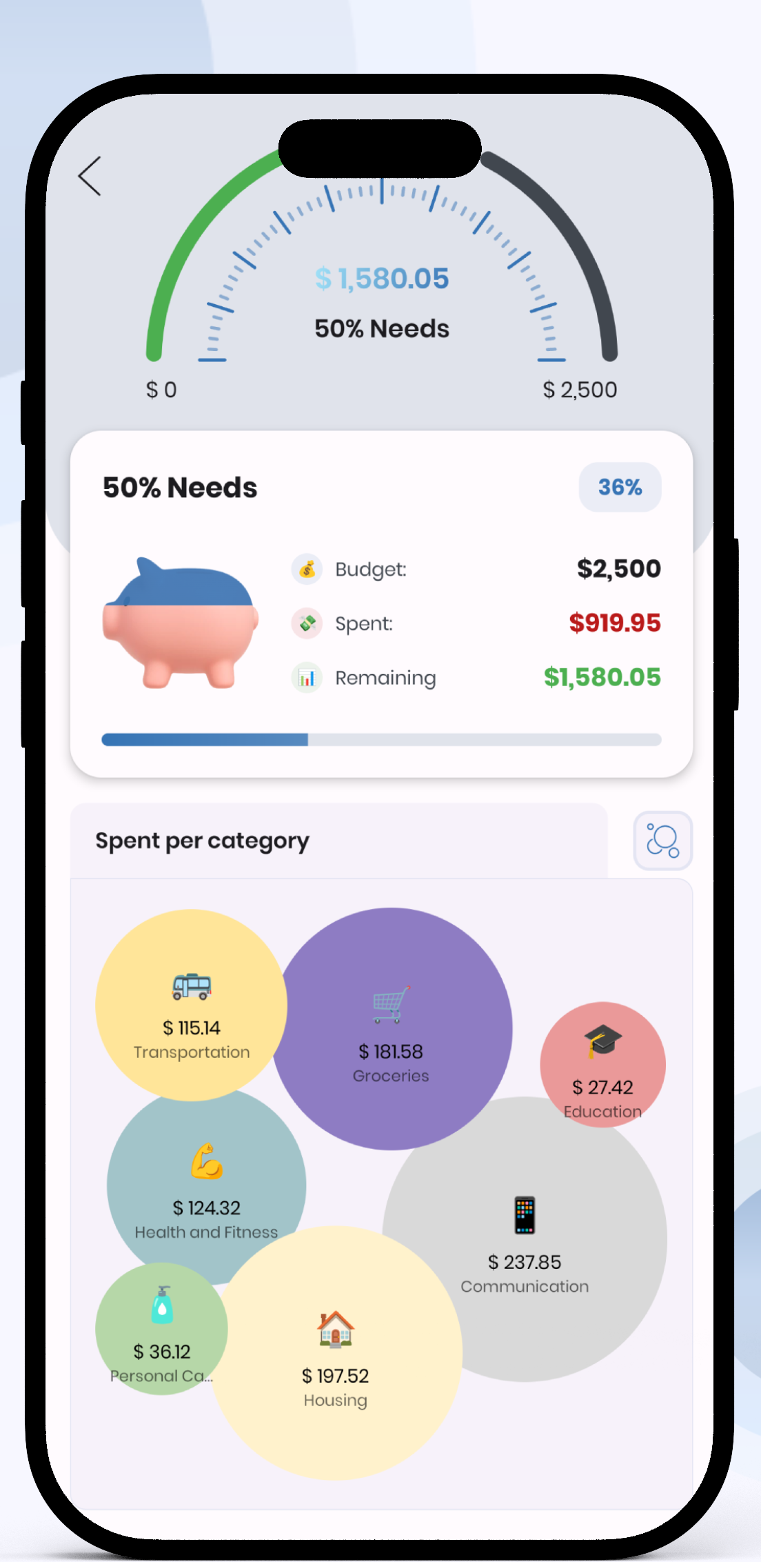 Mocy app showing a budget gauge with category breakdown bubbles