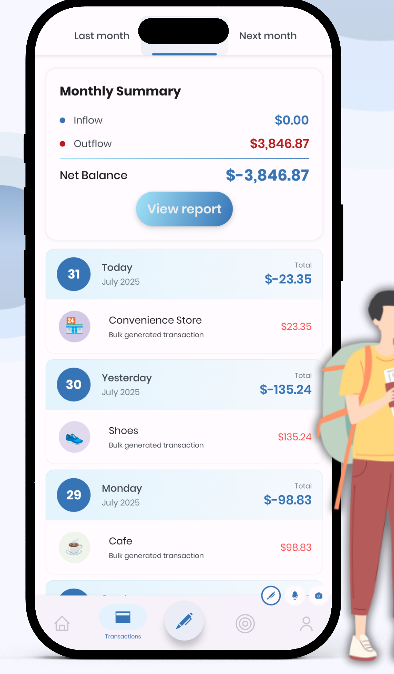Monthly summary and transaction list
